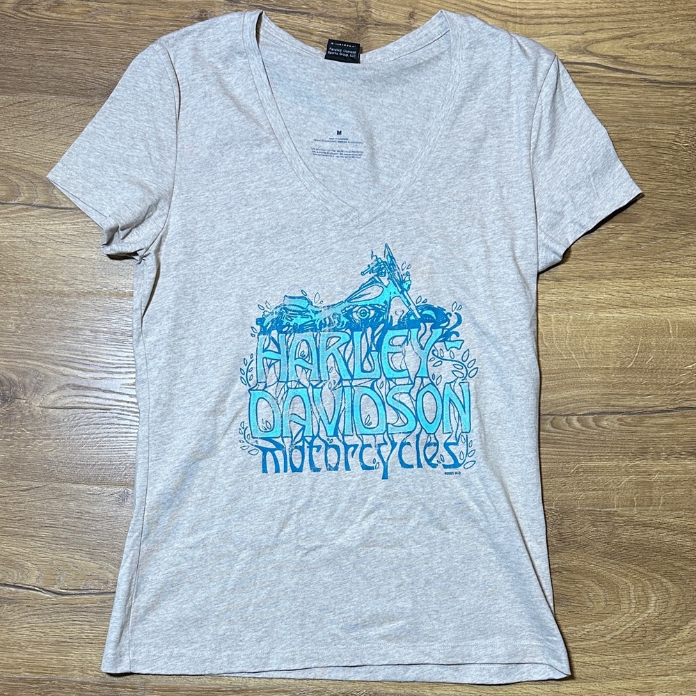 Harley-Davidson V-Neck Oatmeal Tee with Blue Design Size Medium